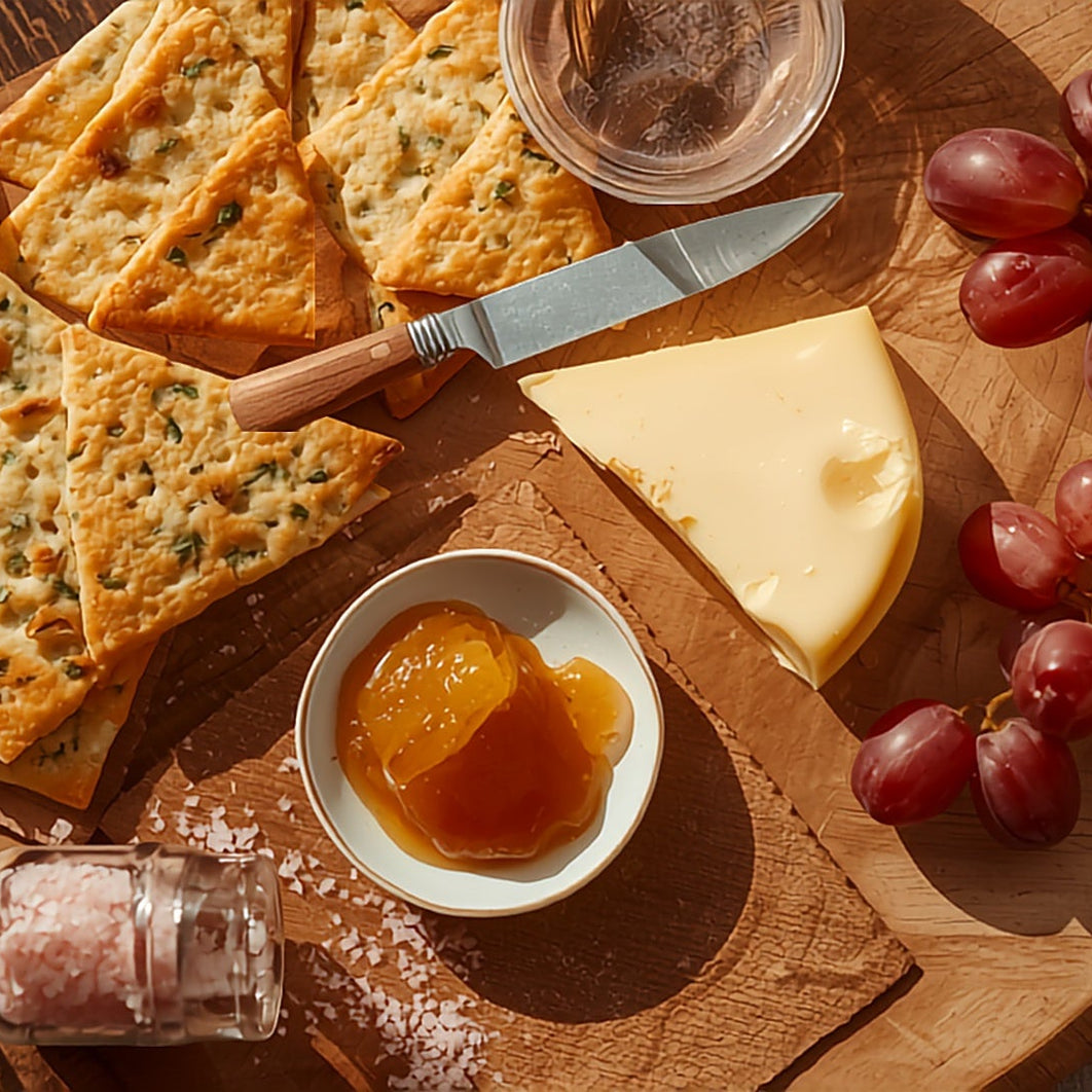 Overhead grazing board with golden Pink Lake Salt Crackers, soft cheese, quince paste, fresh grapes and a small jar of coarse pink salt tipped over, styled for a Melbourne Cup spring racing platter