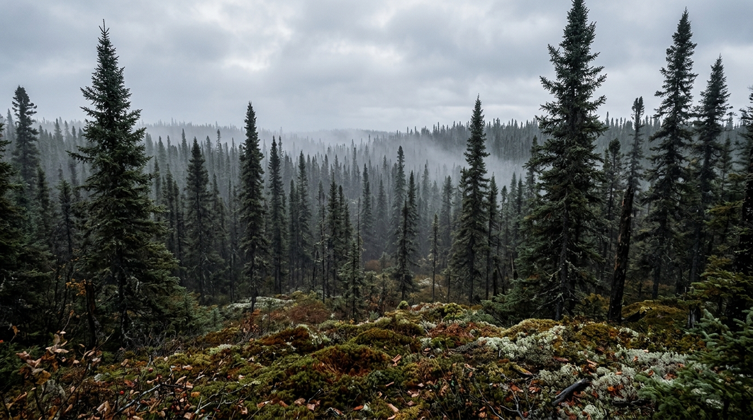 Misty boreal spruce forest, the native habitat of Picea mariana (Black Spruce)