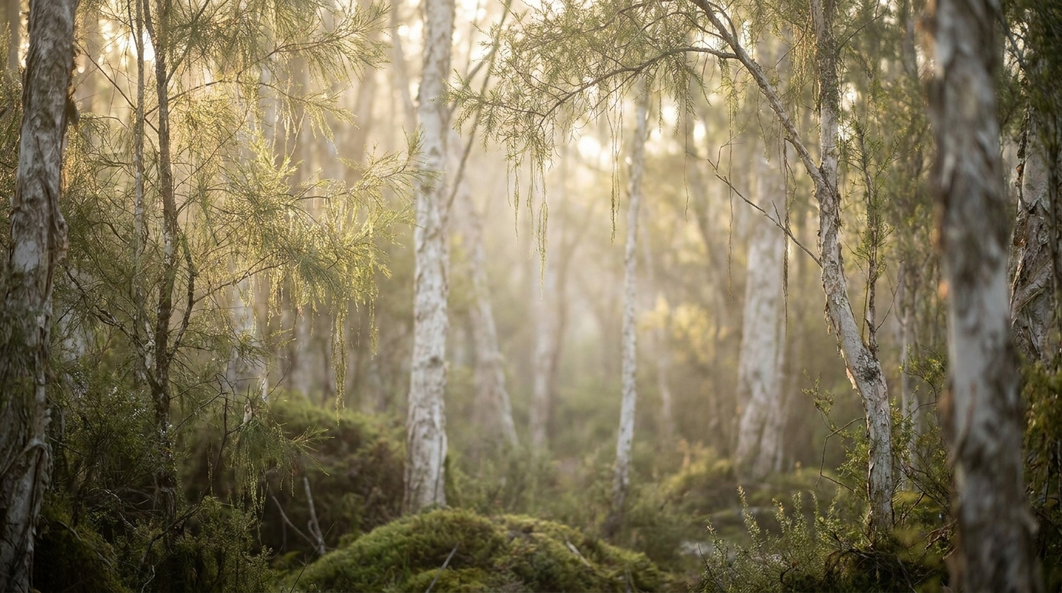 Soft morning light through a paperbark tea-tree grove, the tree family Rosalina oil comes from