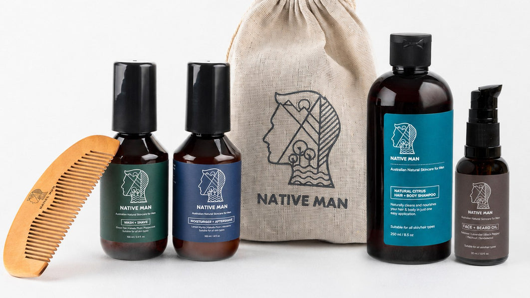 Native Man natural skincare gift set for Father's Day with canvas gift bag